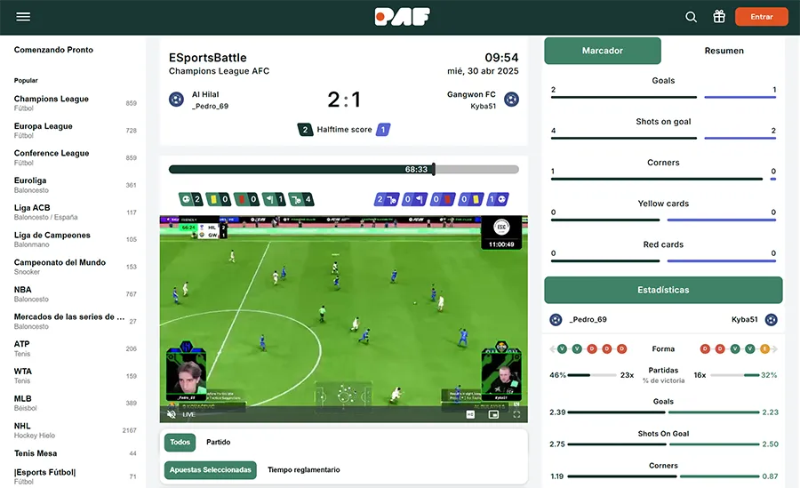 PAF Apuestas en vivo streaming